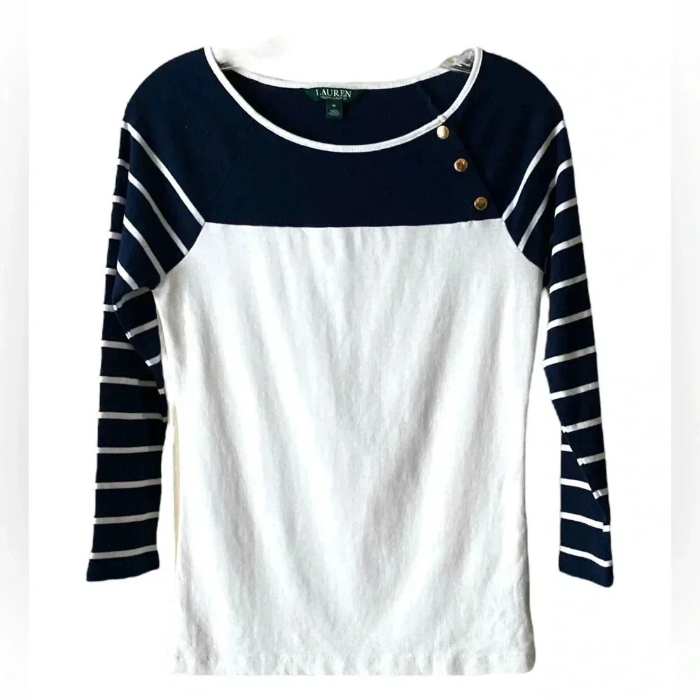 LAUREN RALPH LAUREN | Striped Blue/White Cotton 3/4 Sleeve Chest Snaps Tee Sz M